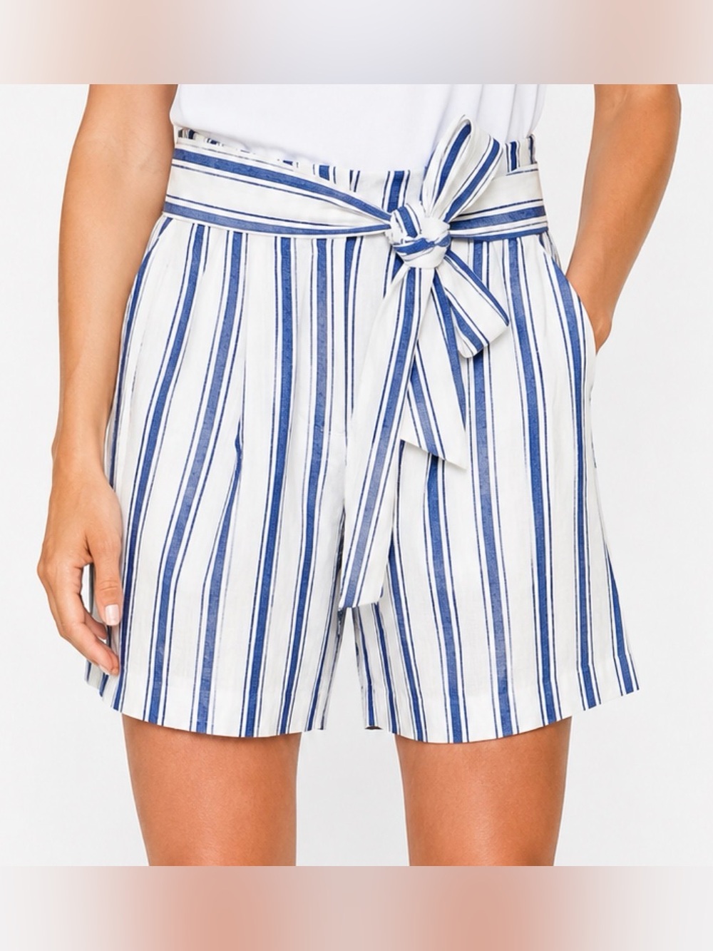 NWT Boden St Ives Shorts Blue White Striped Linen Cotton Paperbag High Waist 12